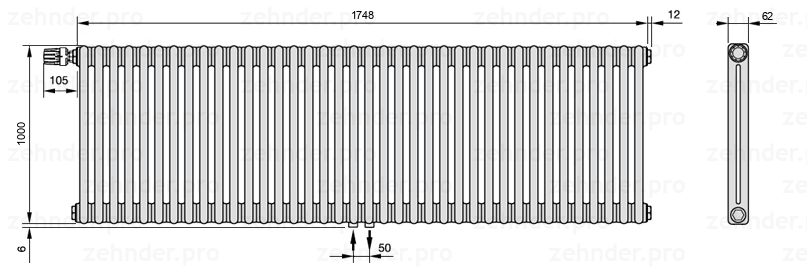 Схема (чертеж) Радиатор Zehnder Charleston 2100/38 №V007 Белый глянцевый RAL 9016